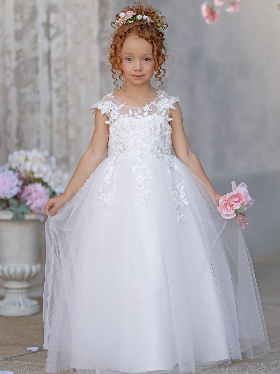 Vestido de princesa color marfil con apliques de encaje y lazo de tul | Vestido de niña de las flores de tul con mangas cortas y largo hasta los tobillos 