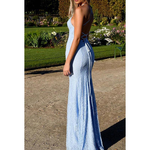 V-Neck Spaghetti Straps Lace Sheath Long Prom Evening Gown