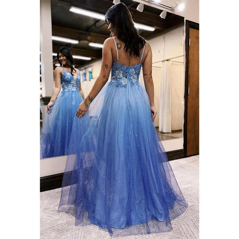 V-neck Appliques Spaghetti Straps Ombre Glitter Tulle Long Prom Evening Dress