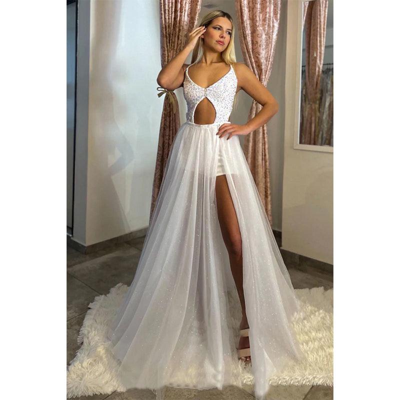 Vestido de fiesta largo con escote en V pronunciado y lentejuelas con falda desmontable