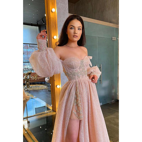 Sweetheart Off-Shoulder Long Sleeves A-Line Prom Gown With Slit