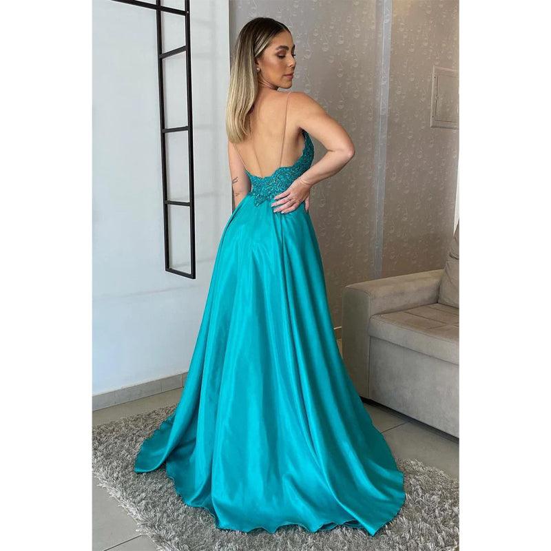 Women's Spaghetti Straps Lace Applique Long Formal Evening Dress