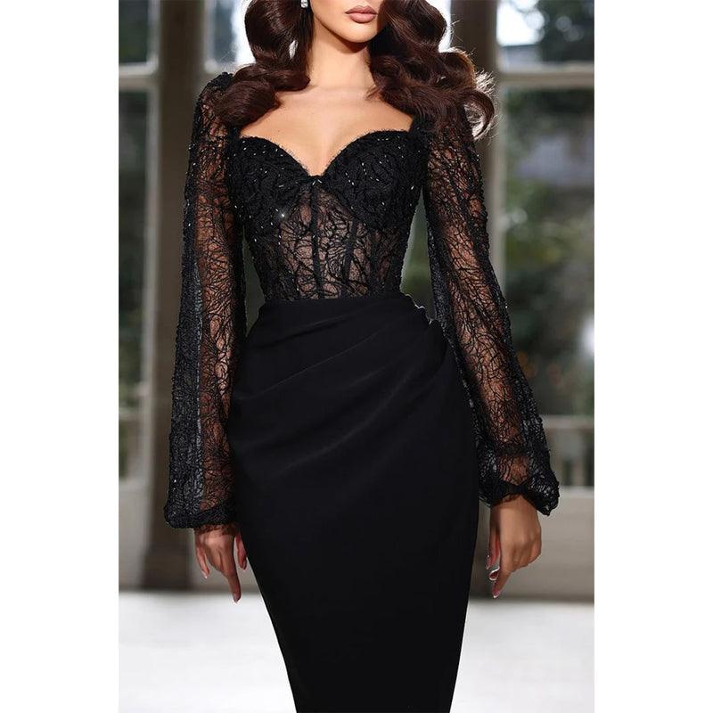 Vestido de fiesta de graduación de noche con escote en forma de corazón, manga larga, apliques de encaje y pliegues 