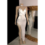 Vestido de fiesta largo con escote en V, tirantes finos, cuentas y abertura