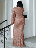 Mermaid / Trumpet Wedding Guest Dresses Plus Size Dress Cocktail Party Floor Length Long Sleeve Scoop Neck Sequined with Glitter