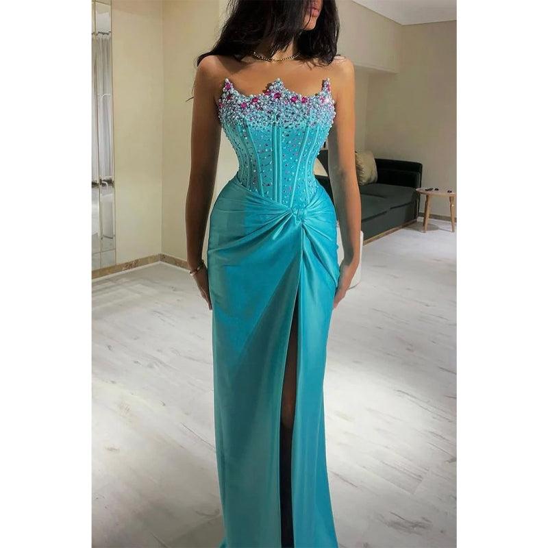 Etui-Linie/Säule, trägerlos, blau, mit Perlen besetzt, lang, formelles Abendkleid 