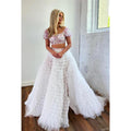 Vestido de fiesta largo de noche con escote cuadrado, mangas cortas, tul con cuentas y corte en A