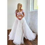 Vestido de fiesta largo de noche con escote cuadrado, mangas cortas, tul con cuentas y corte en A