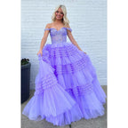 Elegante y lujoso vestido de fiesta de graduación con mangas cortas y hombros descubiertos, corte A y apliques