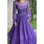 Einzigartiges formelles Abendkleid in A-Linie mit U-Ausschnitt und langen Ärmeln aus Spitze 