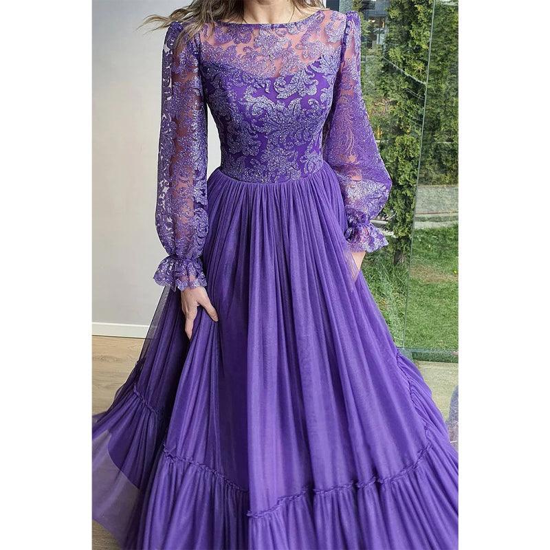 Einzigartiges formelles Abendkleid in A-Linie mit U-Ausschnitt und langen Ärmeln aus Spitze 