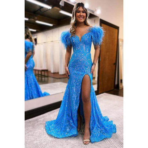Sexy V-neck Sequins Appliques Feathers Mermaid Long Prom Dress with Slit