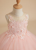Vestido de princesa de tul sin mangas con apliques de encaje y cola larga para niñas 