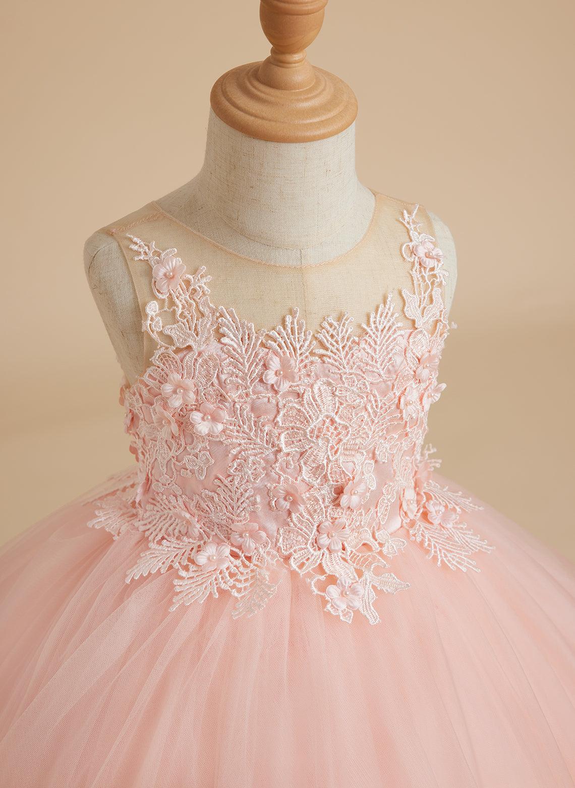 Vestido de princesa de tul sin mangas con apliques de encaje y cola larga para niñas 
