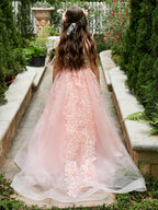 Vestido de princesa rosa para niña con apliques de encaje 