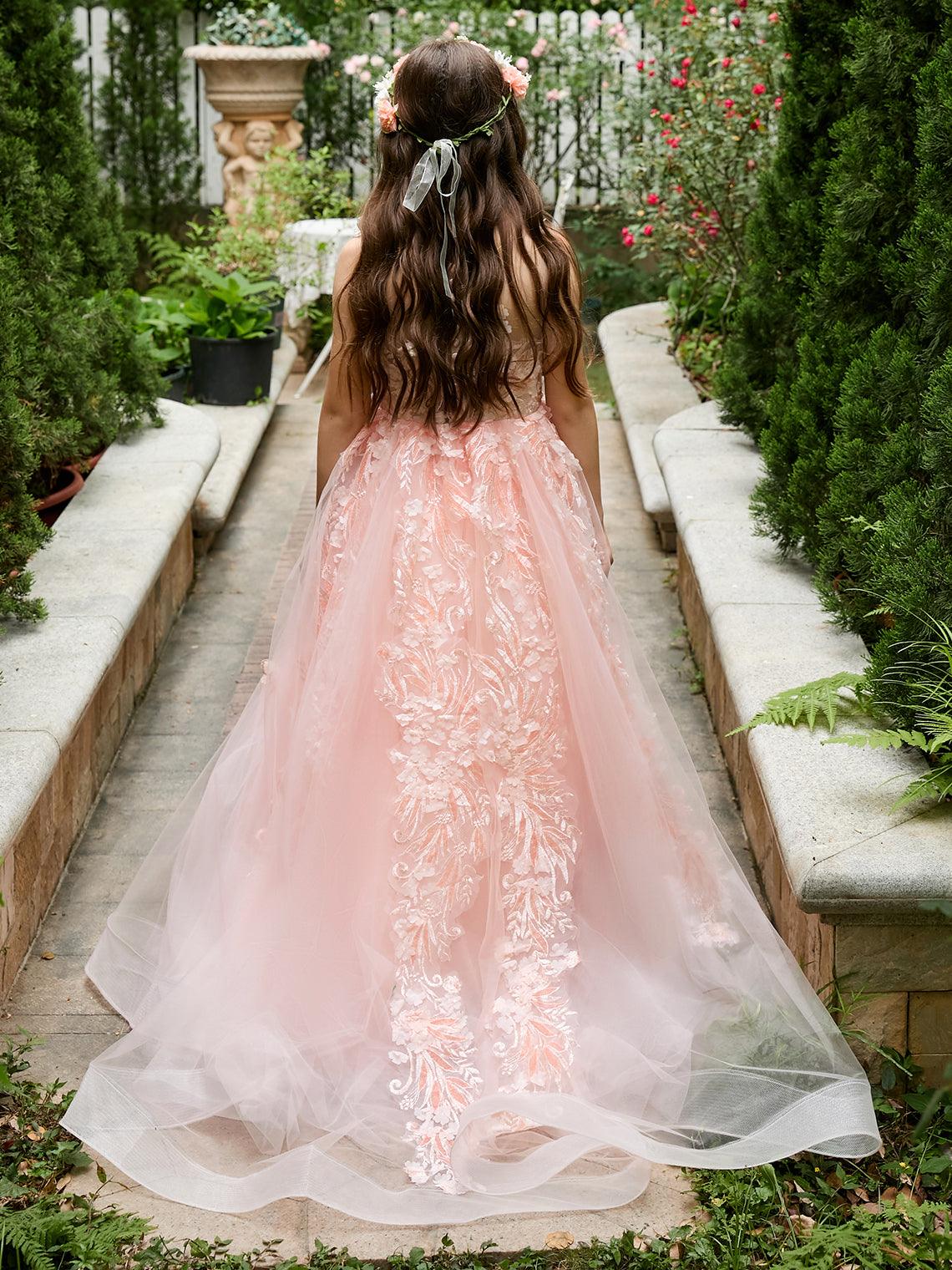 Vestido de princesa rosa para niña con apliques de encaje 