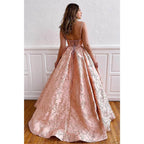 Exquisites langes Ballkleid aus Spitze mit V-Ausschnitt und Spaghettiträgern in A-Linie 
