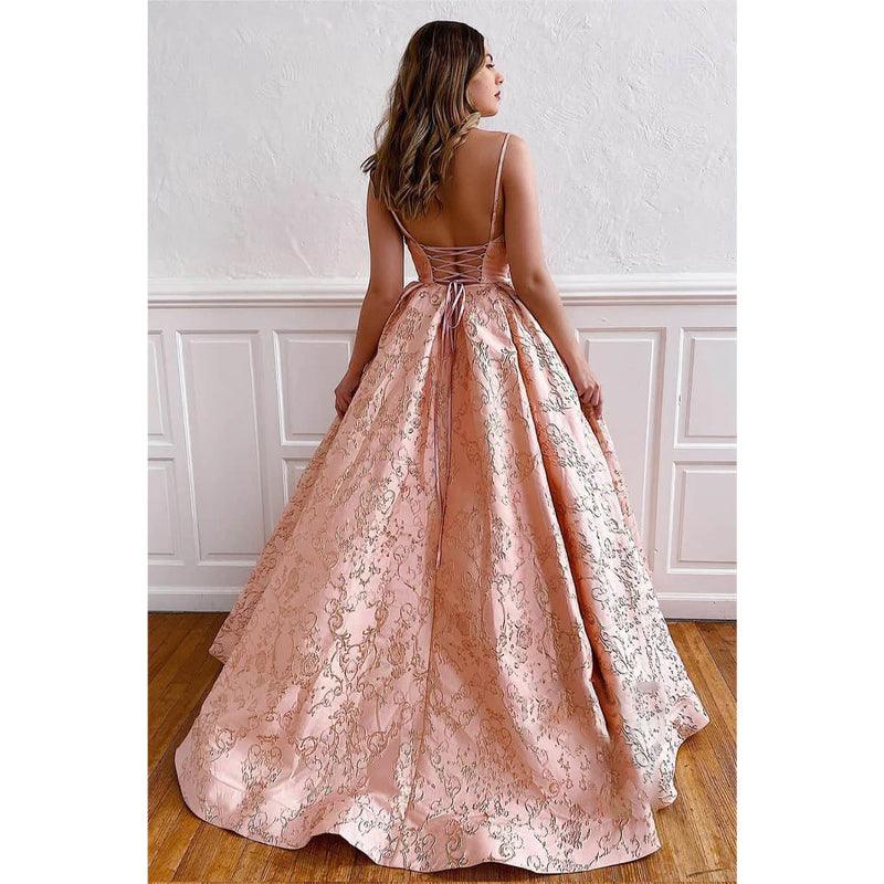 Exquisites langes Ballkleid aus Spitze mit V-Ausschnitt und Spaghettiträgern in A-Linie 