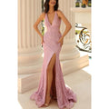 V-Neck Sleeveless Lace-Up Lace Sheath Long Prom Evening Dress With Slit
