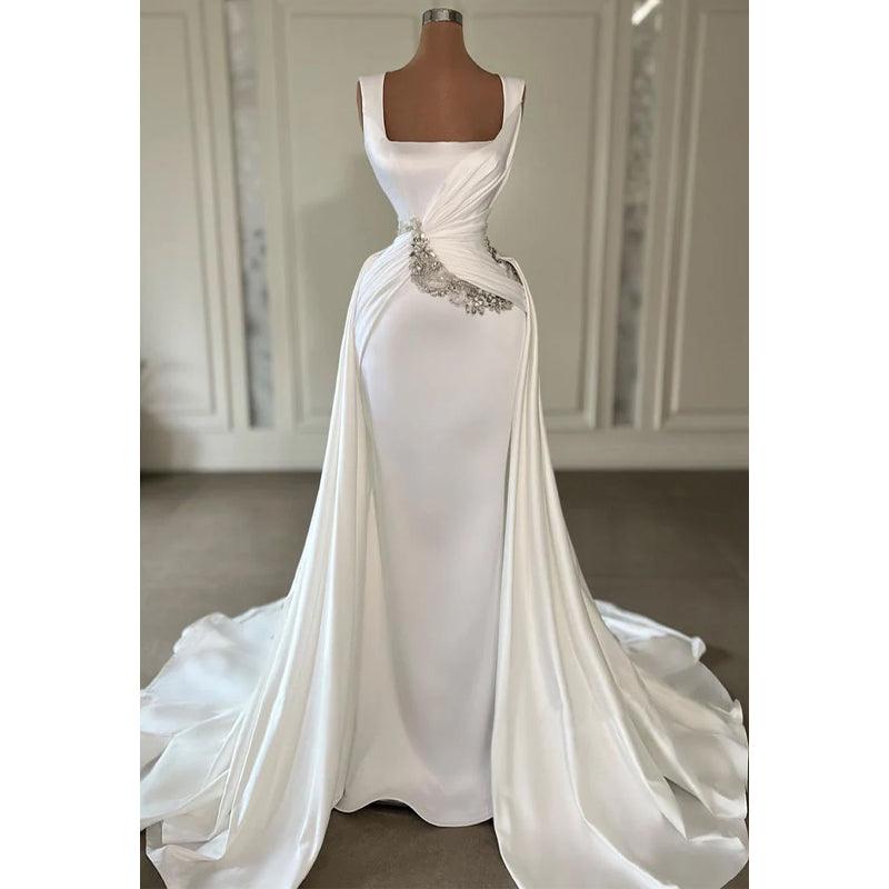 Vestido de fiesta de noche con cola larga, corte A, escote pronunciado, pliegues y cuentas cuadradas 