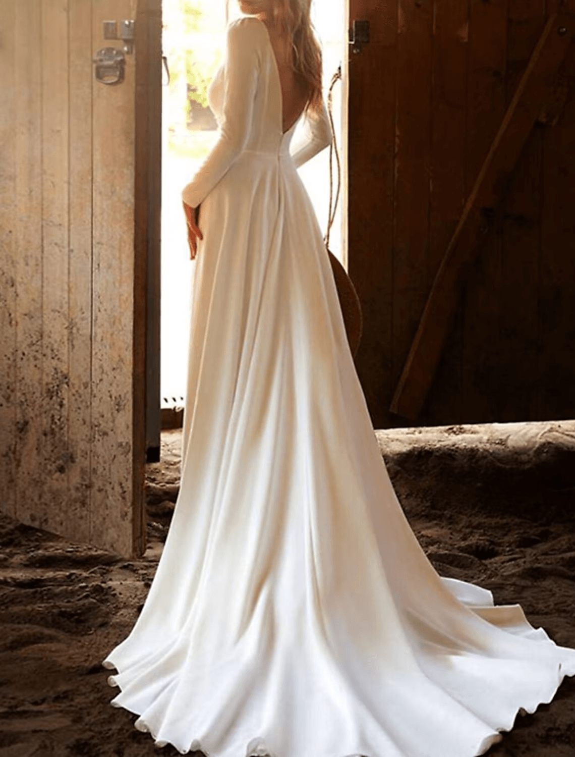 Vestidos de novia casuales de salón, cola capilla, corte A, manga larga, cuello en V, mezcla de algodón con pliegues, color liso