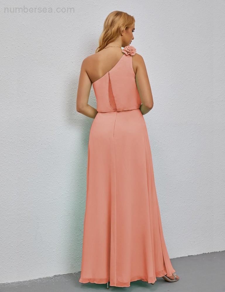 Ruffled One Shoulder Sleeveless Long Bridesmaid Dresses A-line Formal Evening Gown Side Split 28080-numbersea