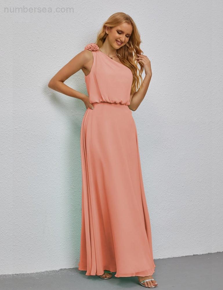 Ruffled One Shoulder Sleeveless Long Bridesmaid Dresses A-line Formal Evening Gown Side Split 28080-numbersea