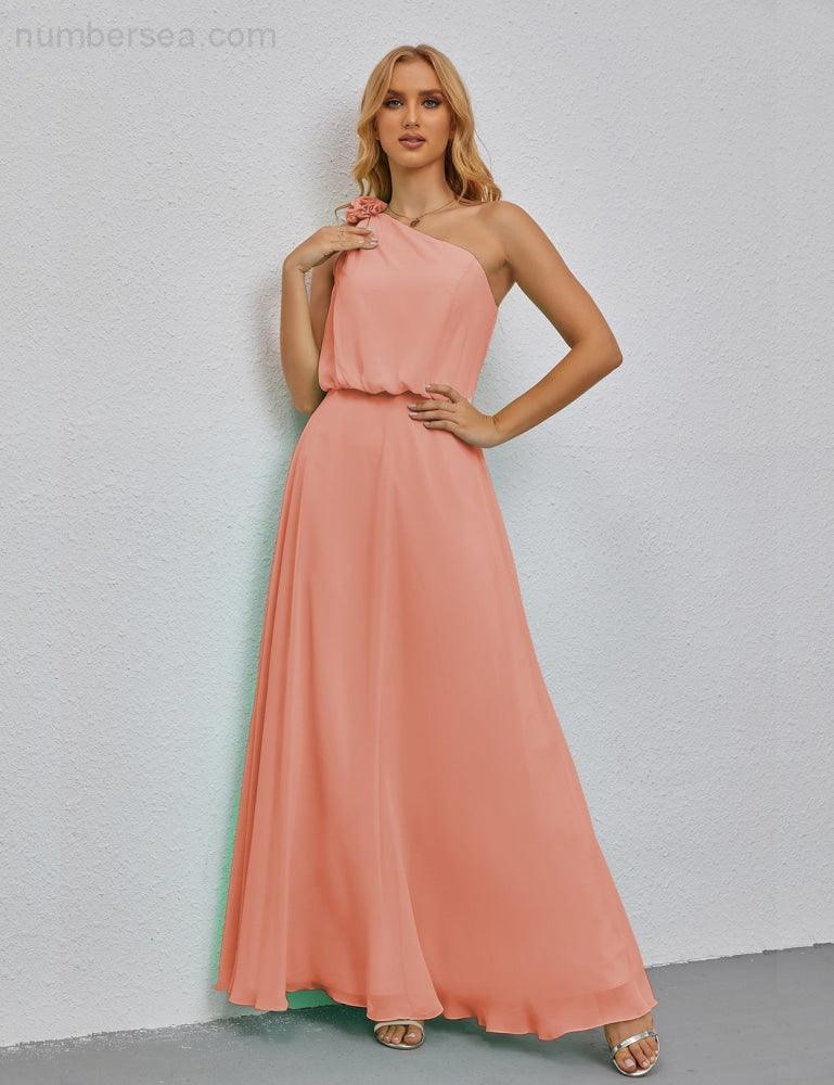 Ruffled One Shoulder Sleeveless Long Bridesmaid Dresses A-line Formal Evening Gown Side Split 28080-numbersea