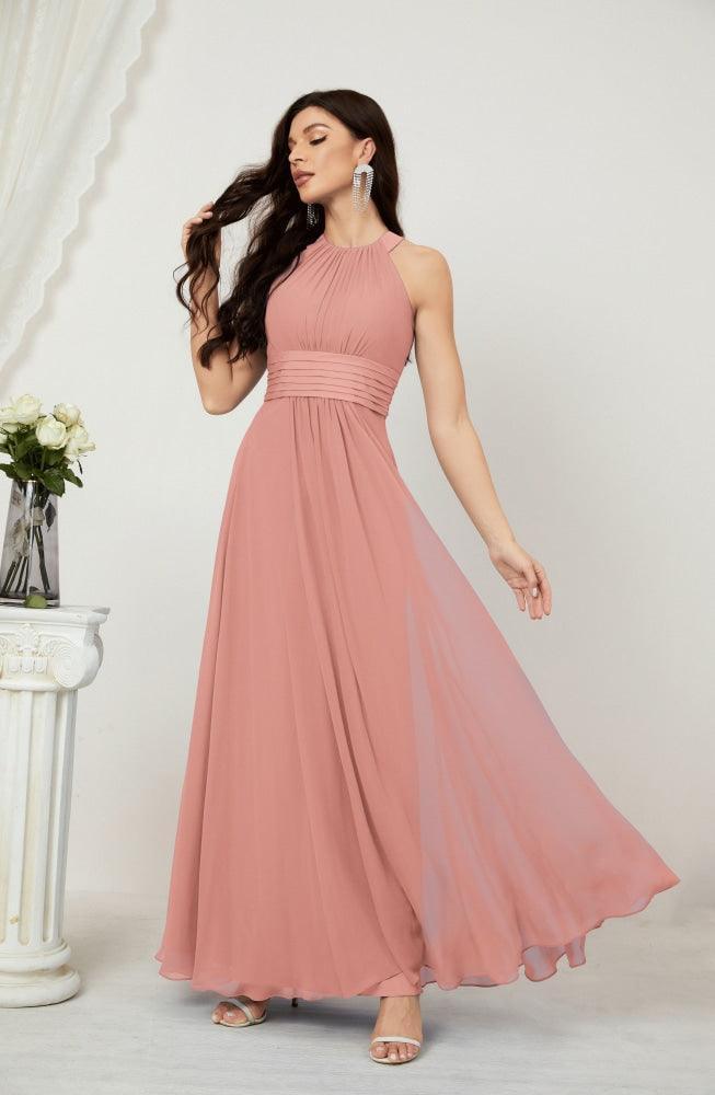 Numbersea Formal Party Gown Dress Chiffon Halter Long Sleeveless Bridesmaid Dresses 2802 Cinnamon