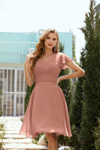 Neck Chiffon Bridesmaid Dresses Formal Cocktail Prom Gown Homecoming 28013 Cinnamon Pink