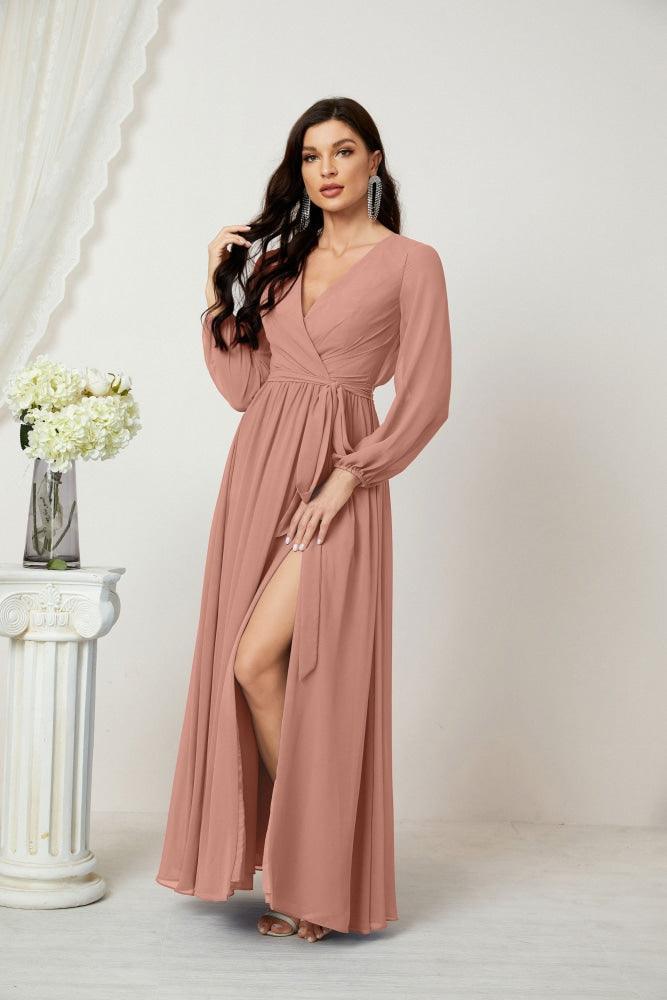 NumberSea-Numbersea Evening Dresses Deep V-Neck Chiffon Bridesmaid Dresses Long Bishop Sleeve Side Split Formal Dress 2806 Cinnamon Pink NumberSea-Numbersea Evening Dresses Deep V-Neck Chiffon Bridesmaid Dresses Long Bishop Sleeve Side Split Formal Dress 2806 Cinnamon Pink