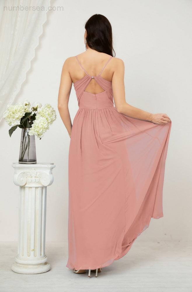 Numbersea Neck Bridesmaid Dresses Chiffon Long Spaghetti A-line Formal Prom Gown for Wedding Party Evening 2801-numbersea