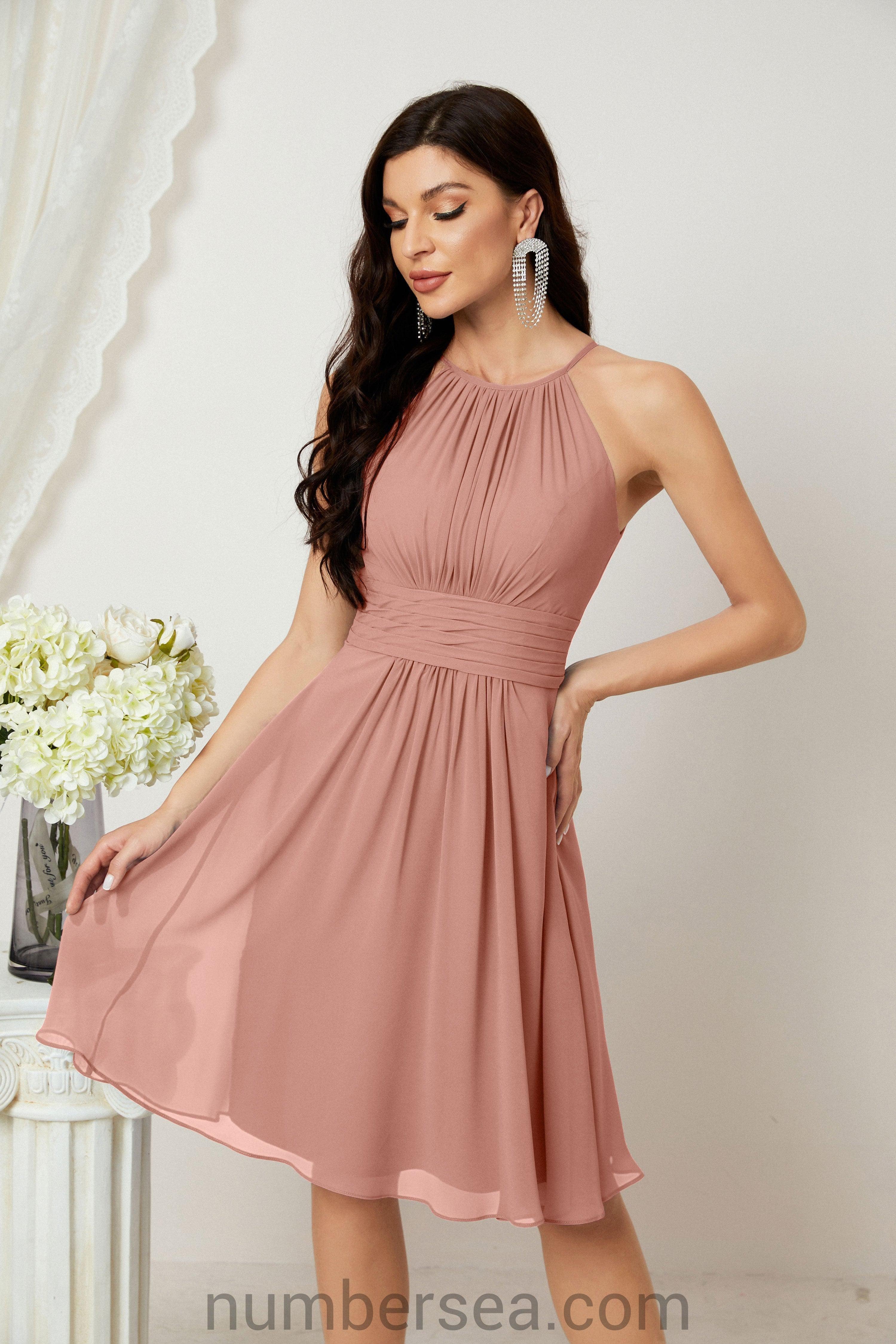 Halter Bridesmaid Dresses Knee Length A Line Formal Evening Party Cocktail Dress 28011