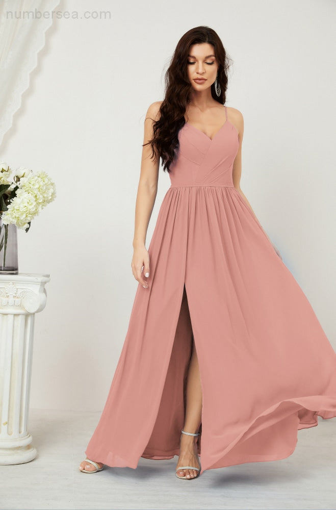 Numbersea Neck Bridesmaid Dresses Chiffon Long Spaghetti A-line Formal Prom Gown for Wedding Party Evening 2801-numbersea