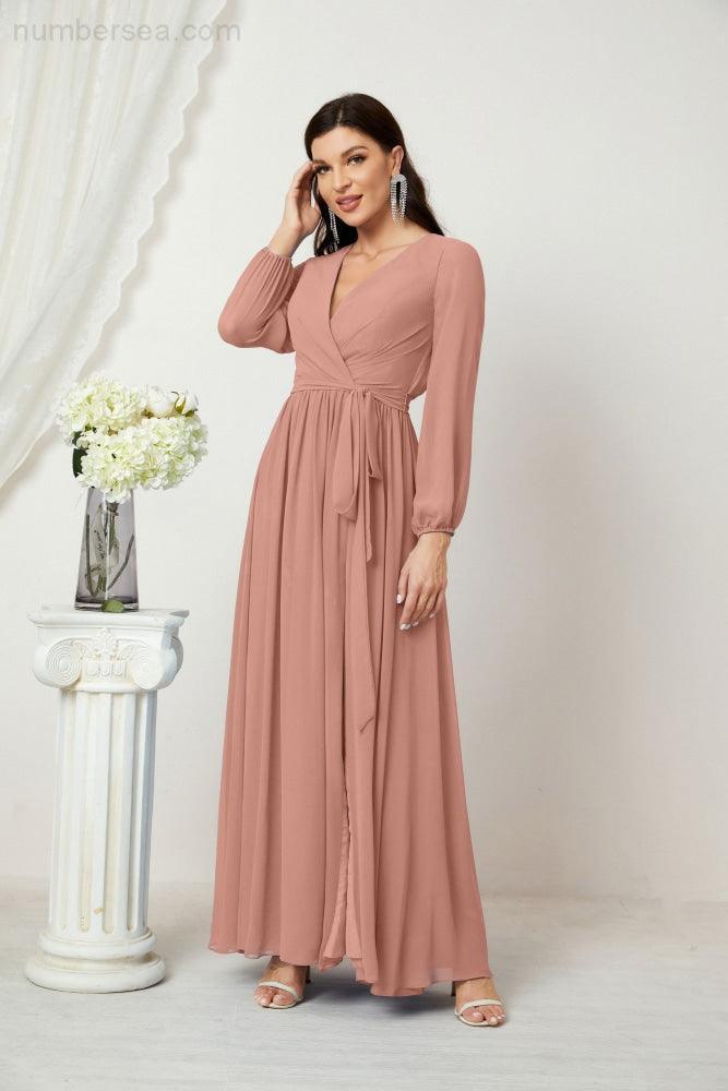 Numbersea Evening Dresses Deep V-Neck Chiffon Bridesmaid Dresses Long Bishop Sleeve Side Split Formal Dress 2806-numbersea