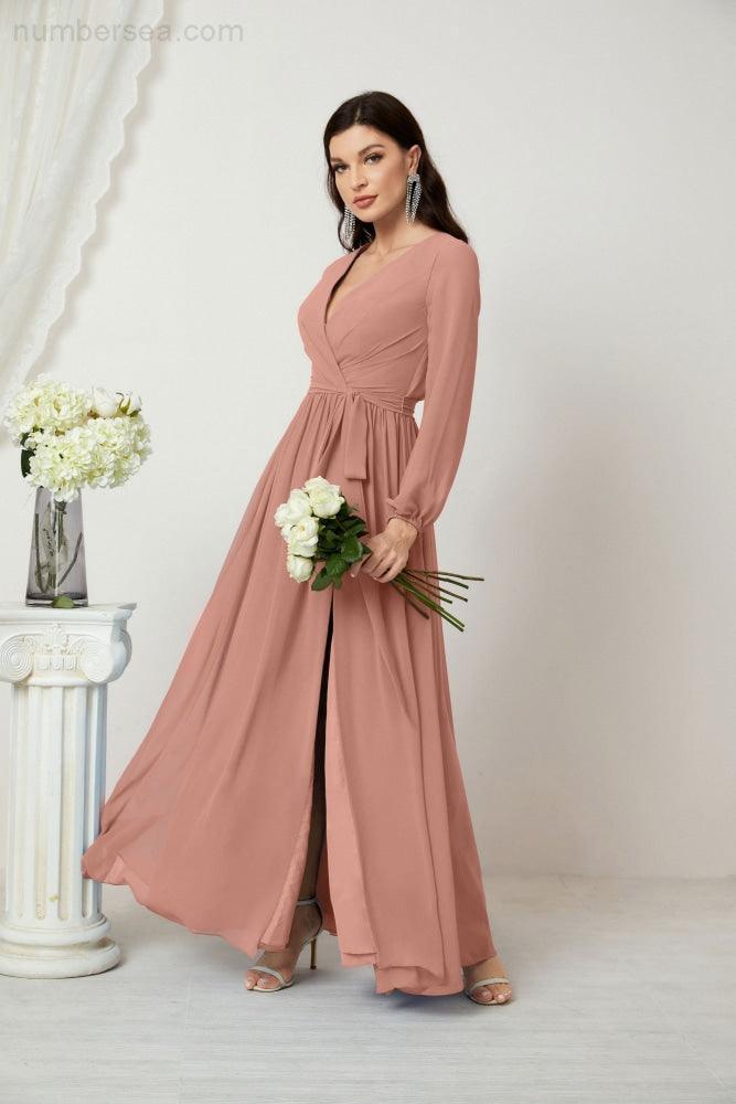 Numbersea Evening Dresses Deep V-Neck Chiffon Bridesmaid Dresses Long Bishop Sleeve Side Split Formal Dress 2806-numbersea