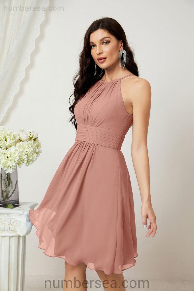 Halter Bridesmaid Dresses Knee Length A Line Formal Evening Party Cocktail Dress 28011