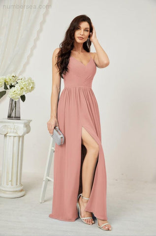 Numbersea Neck Bridesmaid Dresses Chiffon Long Spaghetti A-line Formal Prom Gown for Wedding Party Evening 2801-numbersea