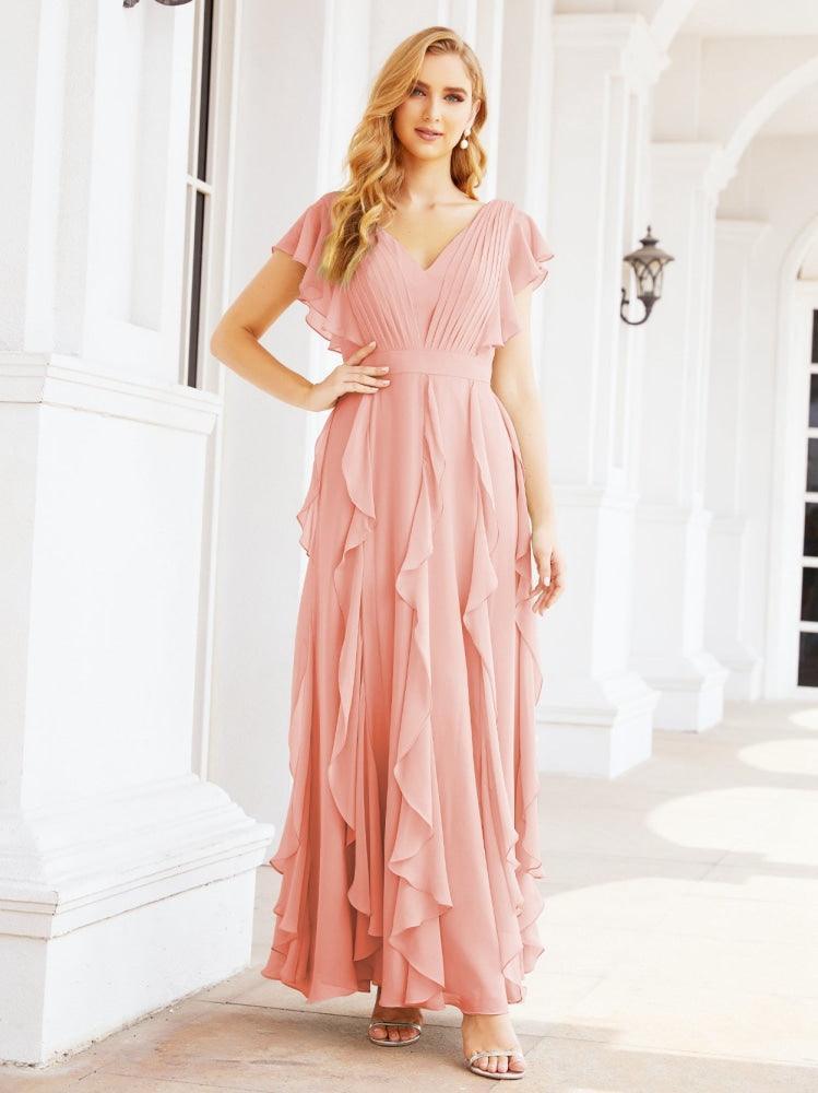 Ruffled Bridesmaid Dresses with Sleeves Long Formal Party Dress 28041-numbersea