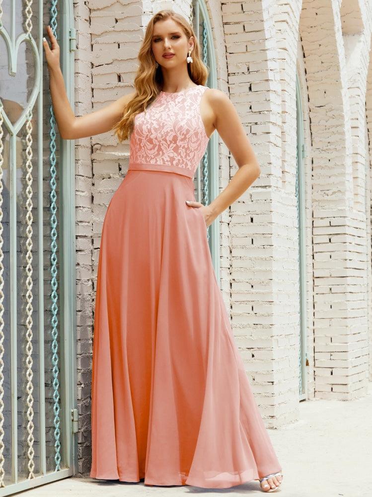 Lace Bridesmaid Dress Floor Length Evening Gowns with Pockets 28017-numbersea