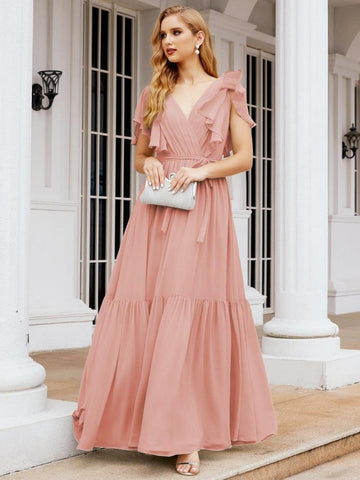 Numbersea Women's Open Back Formal Evening Party Prom Gowns V-Neck Long Chiffon Bridesmaid Dresses with Waist Belt 28038-numbersea