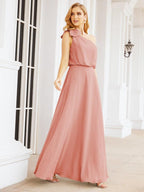 Numbersea Chiffon Ruffled One Shoulder Sleeveless Long Bride Dresses A-line Formal Evening Gown Side Split 28057-numbersea