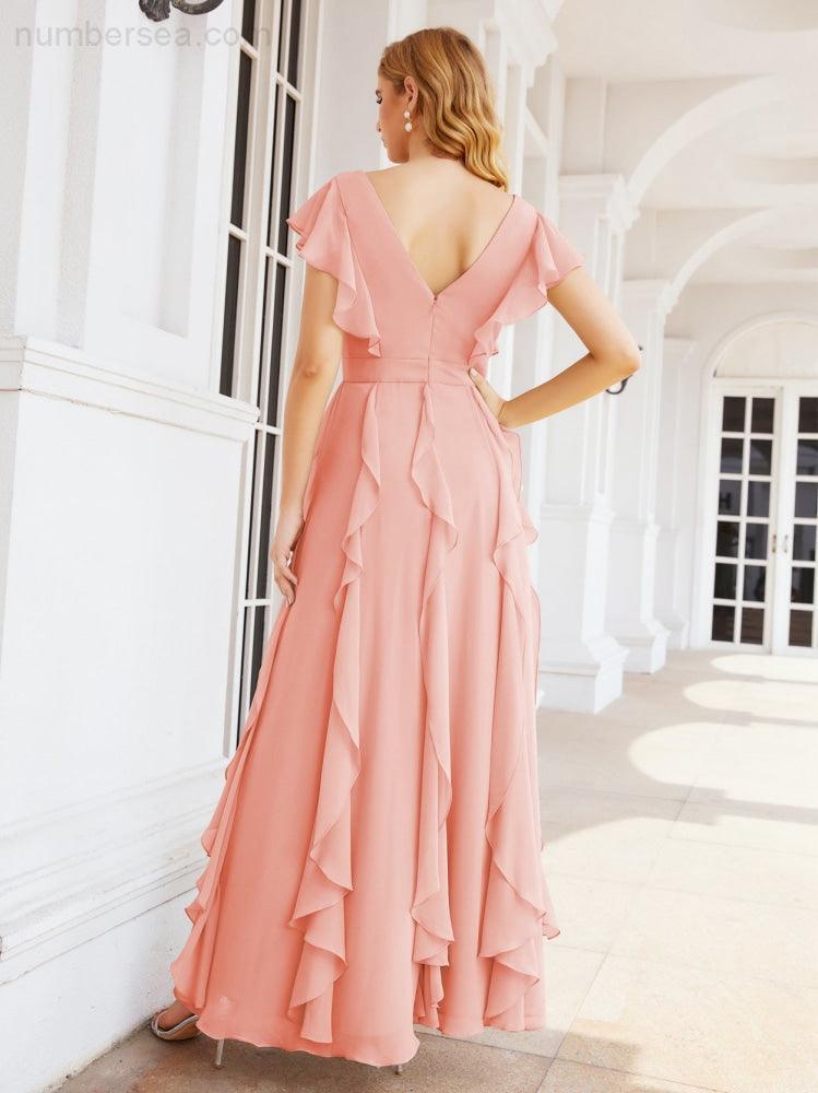 Ruffled Bridesmaid Dresses with Sleeves Long Formal Party Dress 28041-numbersea