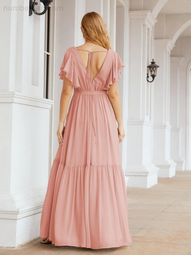 Numbersea Women's Open Back Formal Evening Party Prom Gowns V-Neck Long Chiffon Bridesmaid Dresses with Waist Belt 28038-numbersea
