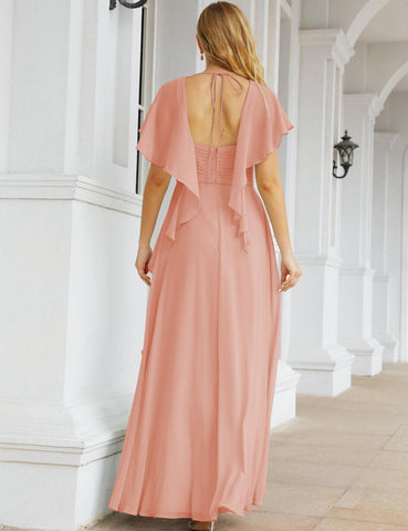 Numbersea Chiffon Bridesmaid Dresses Long Formal Evening Prom Mother of The Bride Dress with Flutter Sleeve     SEA28040