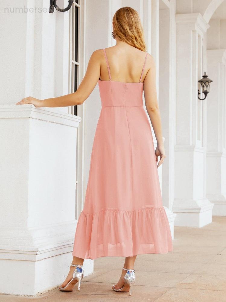 Numbersea Women Strap Chiffon Bridesmaid Dress Ankle Length Sleeveless Blackless Ruffle A Line