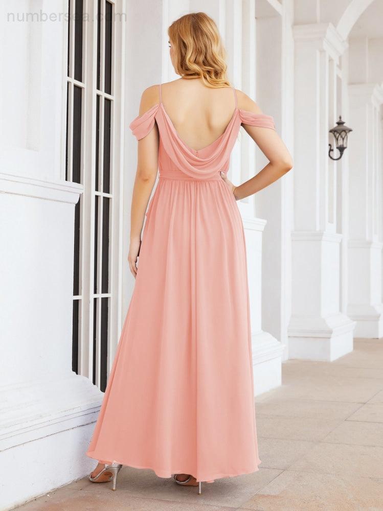 Numbersea Off The Shoulder Chiffon Bridesmaid Dress Long Formal Graduation Gown with Cowl Back 28069-numbersea