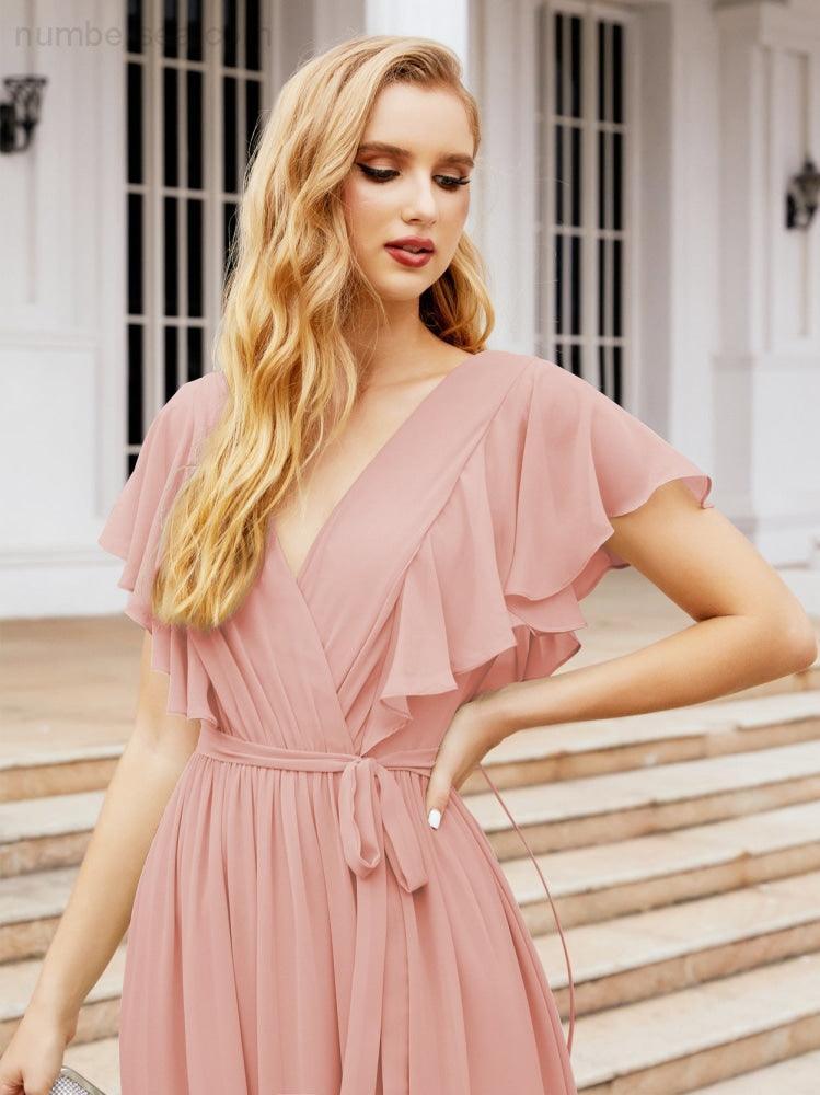 Numbersea Women's Open Back Formal Evening Party Prom Gowns V-Neck Long Chiffon Bridesmaid Dresses with Waist Belt 28038-numbersea