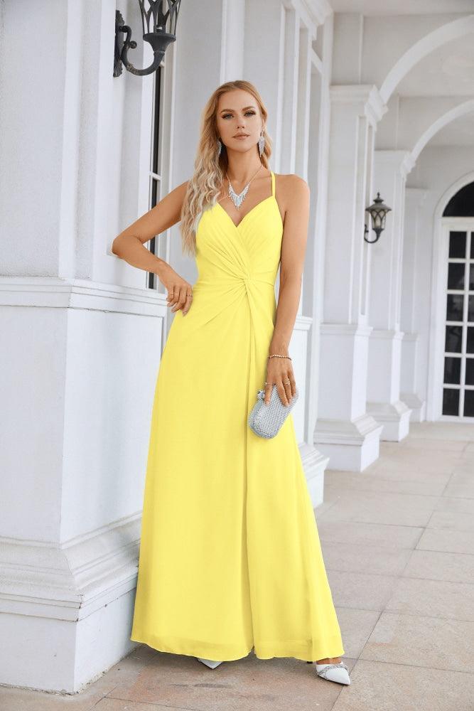 Ladies Chiffon Spaghetti Strap V Neck Front Slit Floor Length Bridesmaid Evening Dress Prom Party Wedding Evening Dress 28116-numbersea