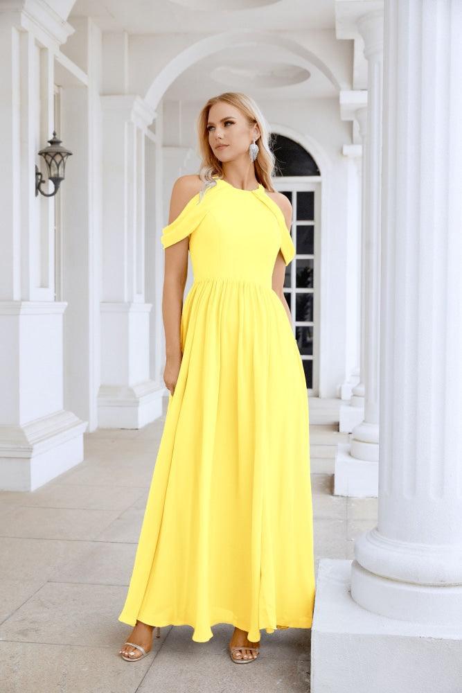 Ladies Chiffon Off Shoulder Swing Sleeve Front Slit Bridesmaid Evening Dress Wedding Party Evening Dress 28117-numbersea